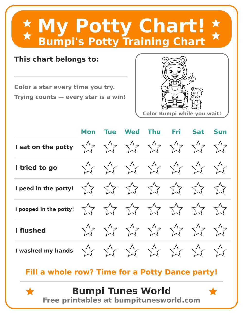 Preview of Bumpi's free printable potty training chart with six milestone rows and seven star columns